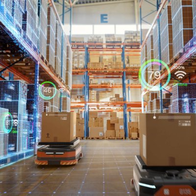 Future Technology 3D Concept: Automated Retail Warehouse AGV Robots with Infographics Delivering Cardboard Boxes in Distribution Logistics Center. Automated Guided Vehicles Goods, Products, Packages