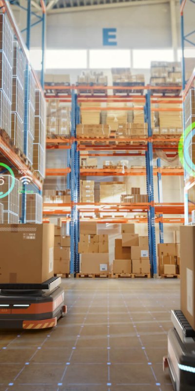 Future Technology 3D Concept: Automated Retail Warehouse AGV Robots with Infographics Delivering Cardboard Boxes in Distribution Logistics Center. Automated Guided Vehicles Goods, Products, Packages